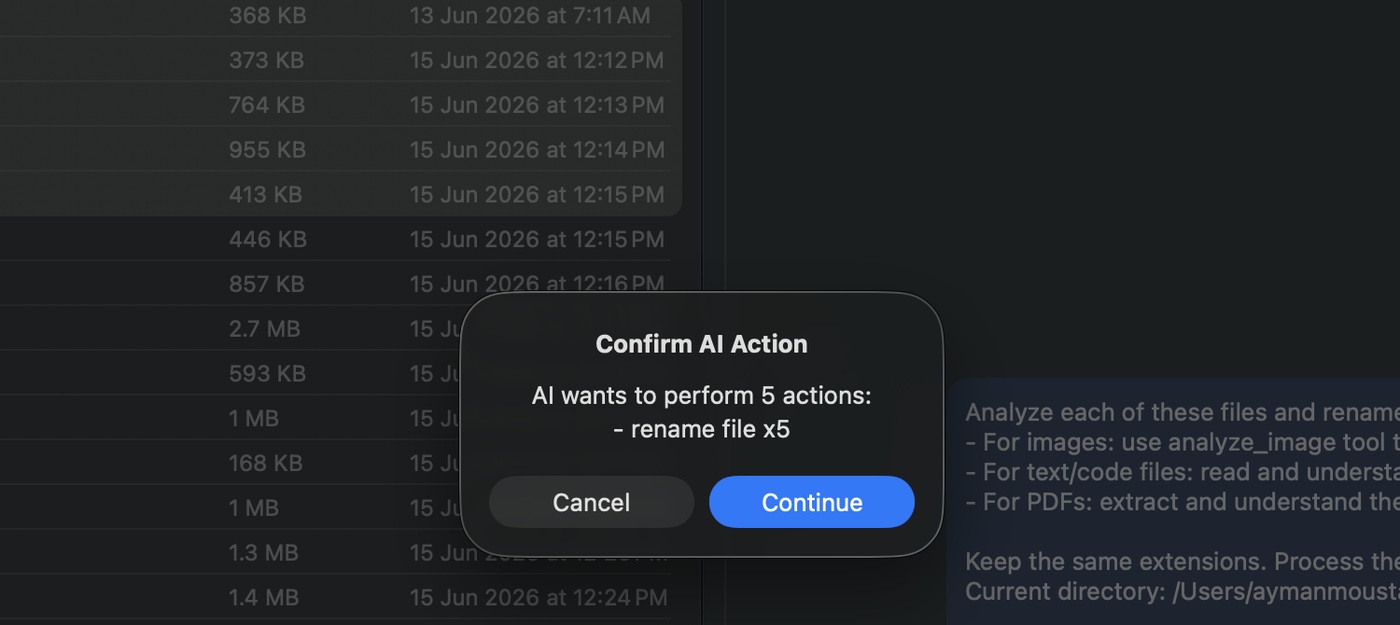 Kommanda AI confirmation dialog before applying file actions