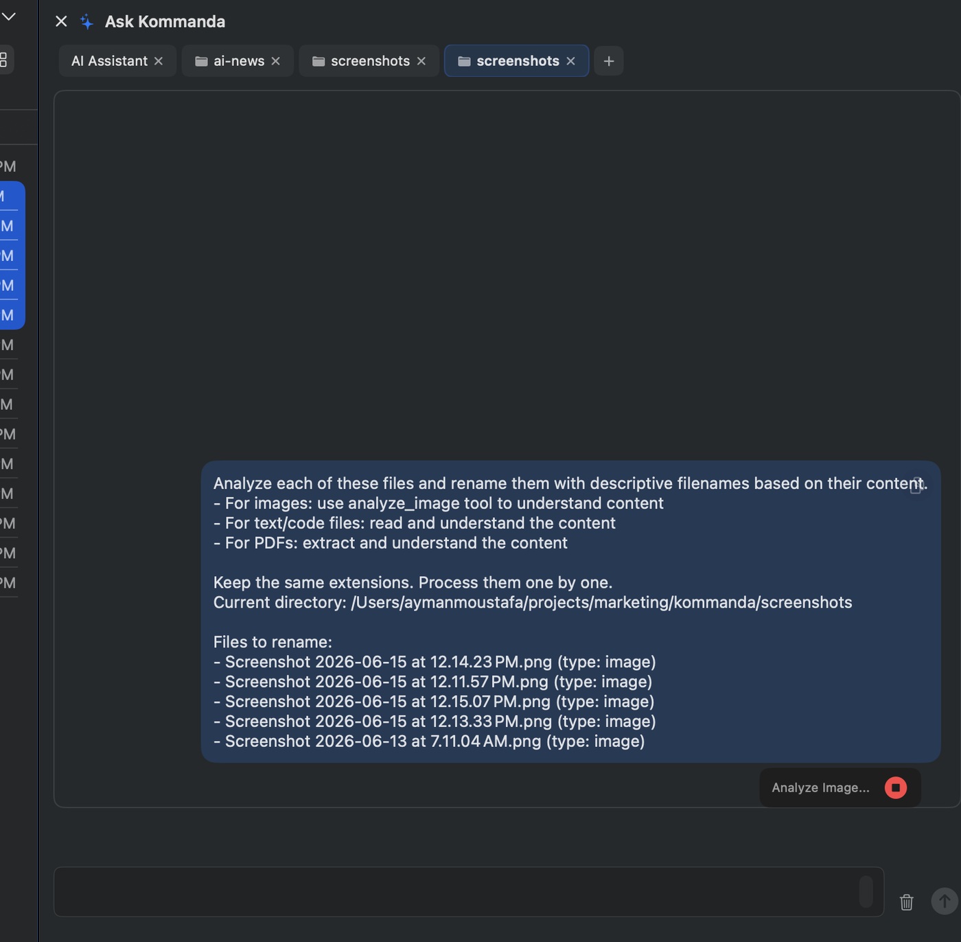 Kommanda AI prompt asking to rename screenshot files